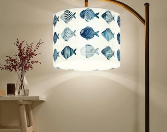 Blue Watercolor Fish Arc Floor Lamp | Coastal & Nautical-Inspired Curved Lamp for Beach House, Unique Fishy Home Decor