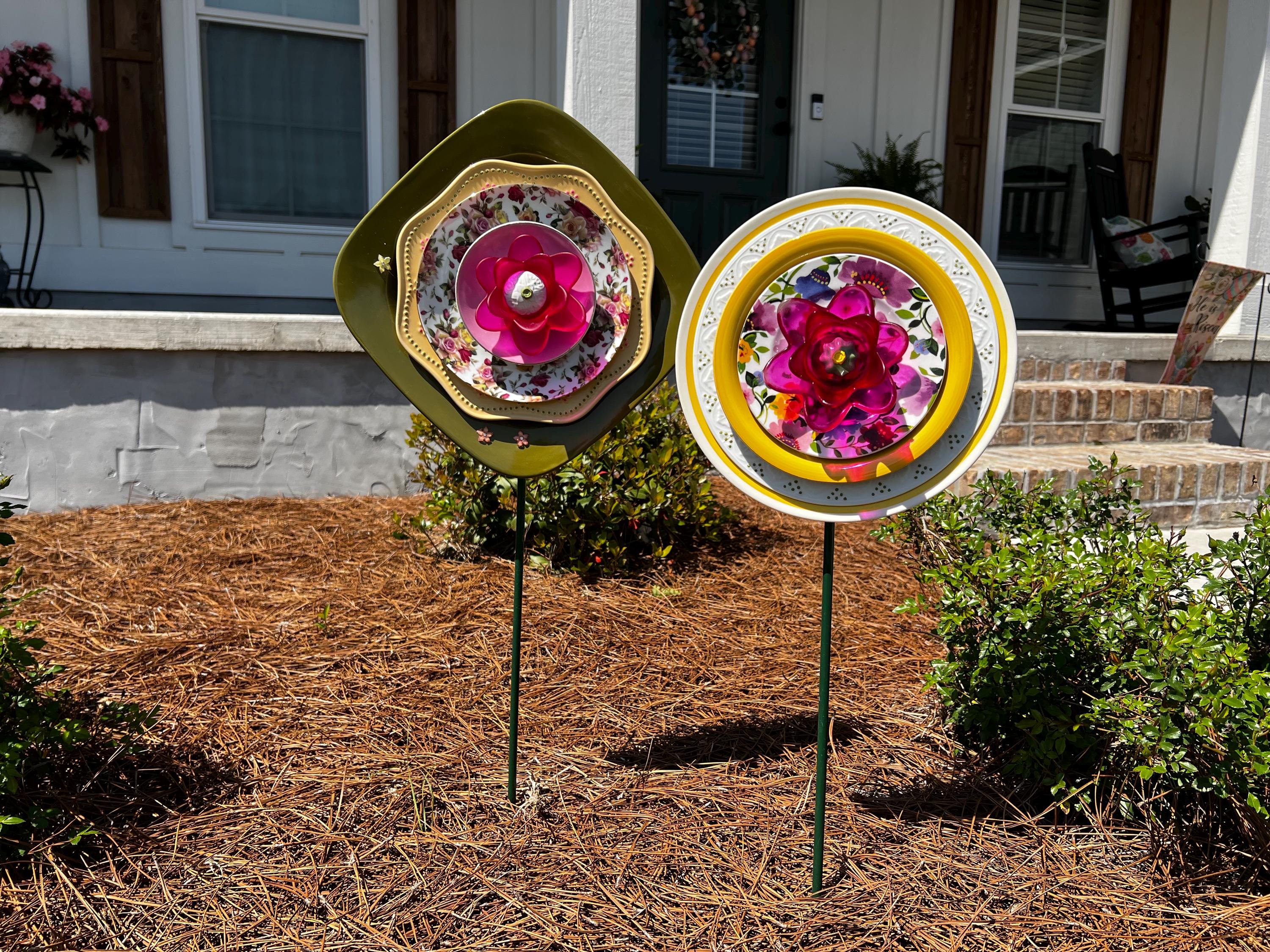 Glass Flower Yard Art Set of Garden Decor Upcycled Plate