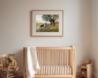 Cow Scenery Nursery Printable, Landscape Painting Oil Painter, Nursery Printables, Elegant, Classic Nursery, Traditional Oil Paintings