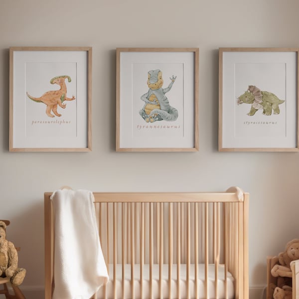 Dinosaurs, Dino Art, Baby Animal Prints, Nursery, Nursery Dino, Set of 5 Prints, Types of Dinos, Watercolor Dinosaur Set, Dino Theme Art