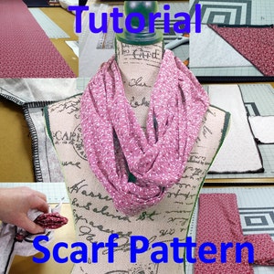 May include: A tutorial on how to make a scarf pattern. The image shows a pink and white patterned scarf, a sewing project in progress, and the text "Scarf Pattern".