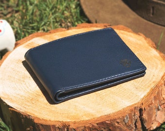 May include: A dark blue leather wallet on a wooden surface. The wallet has a subtle embossed design.