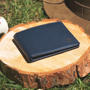 Cartera delgada de cuero azul marino para hombre - Cartera plegable para hombre - Cartera minimalista para hombre - Regalo personalizado - Regalo de aniversario para novio.