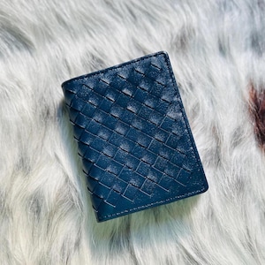 Cartera plegable de piel de oveja azul tejida, elegante idea de regalo unisex, tarjetero de cuero expandible de lujo, elegante regalo para padrino de boda.