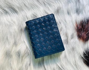 Woven Sheepskin Leather Bifold Wallet, Navy Blue Card Holder, Unisex Design