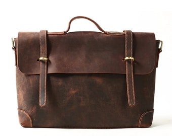Full Grain Leather Briefcase Satchel Bag Mens, Business Work Bag, Genuine Leather Laptop Messenger Bag, Mens Anniversary Gift
