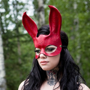 Crimson textured leather Rabbit Mask / Leather bunny mask / halloween mask / masquerade mask / mardi gras mask / Red mask / leather mask