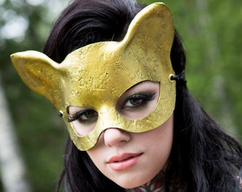 Gold textured leather Cat Mask / Leather kitten mask / halloween mask / masquerade mask / mardi gras mask / gold mask / leather mask