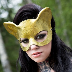 Gold textured leather Cat Mask / Leather kitten mask / halloween mask / masquerade mask / mardi gras mask / gold mask / leather mask
