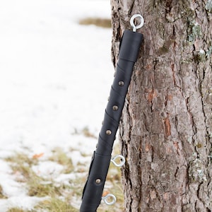 May include: Black leather-wrapped pole with metal rings and decorative studs. The pole is leaning against a tree trunk.