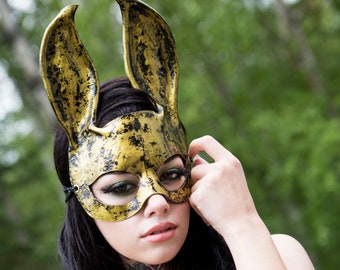 Black and Gold leather Rabbit Mask / Leather bunny mask / halloween mask / masquerade mask / mardi gras mask / gold mask / leather mask