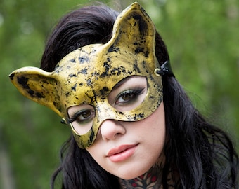 Black and Gold leather Cat Mask / Leather kitten mask / halloween mask / masquerade mask / mardi gras mask / gold mask / leather mask