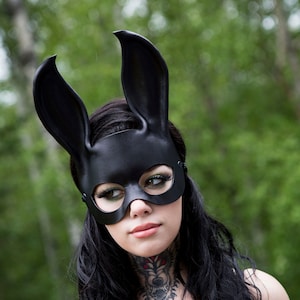 Black leather Rabbit Mask / Leather bunny mask / halloween mask / masquerade mask / mardi gras mask / black mask / leather mask