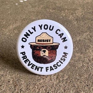 May include: A white button with a black border and the text "Only You Can Prevent Fascism" in a circle around a cartoon bear wearing a ranger hat with the word "Resist" on it.