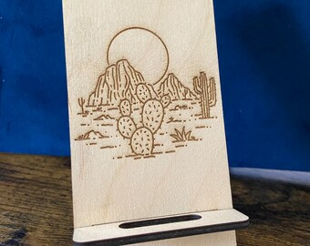 Desert Scene - Cactus - Wooden Phone Stand - Physical Item