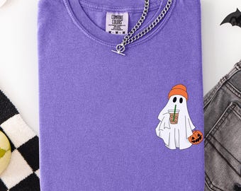 ice coffee ghost comfort color tshirt, halloween shirt, Halloween tshirt, ice coffee shirt, ghost shirt, cute ghost shirt