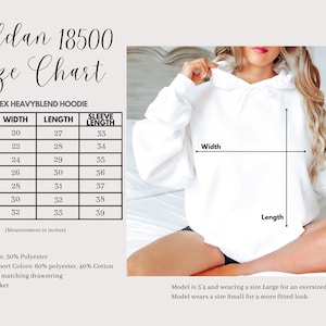 May include: White unisex heavyblend hoodie with a size chart. The chart shows measurements in inches for sizes S to 4XL. The hoodie has a hood with a matching drawstring and a pouch pocket. The material is 50% cotton and 50% polyester.