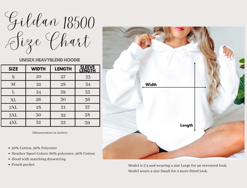 May include: White unisex heavyblend hoodie with a size chart. The chart shows measurements in inches for sizes S to 4XL. The hoodie has a hood with a matching drawstring and a pouch pocket. The material is 50% cotton and 50% polyester.