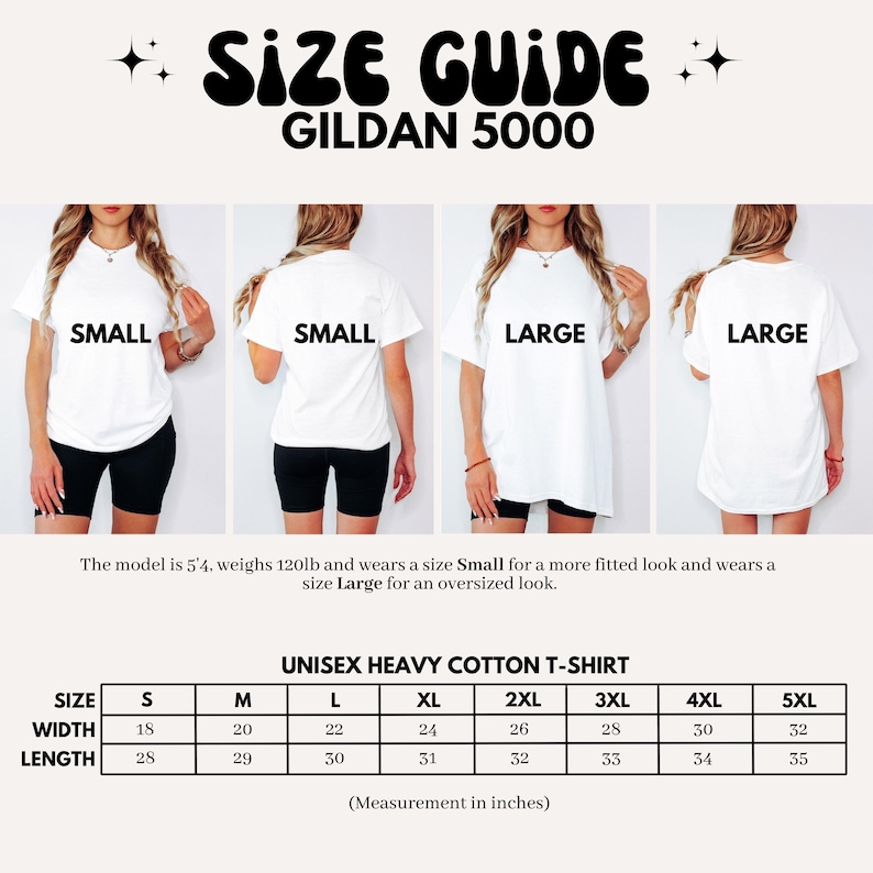 May include: Size guide for Gildan 5000 unisex heavy cotton t-shirts. The image shows models wearing small and large shirts. A size chart displays measurements in inches, with widths from 45.7 to 81.3 cm and lengths from 71.1 to 88.9 cm.