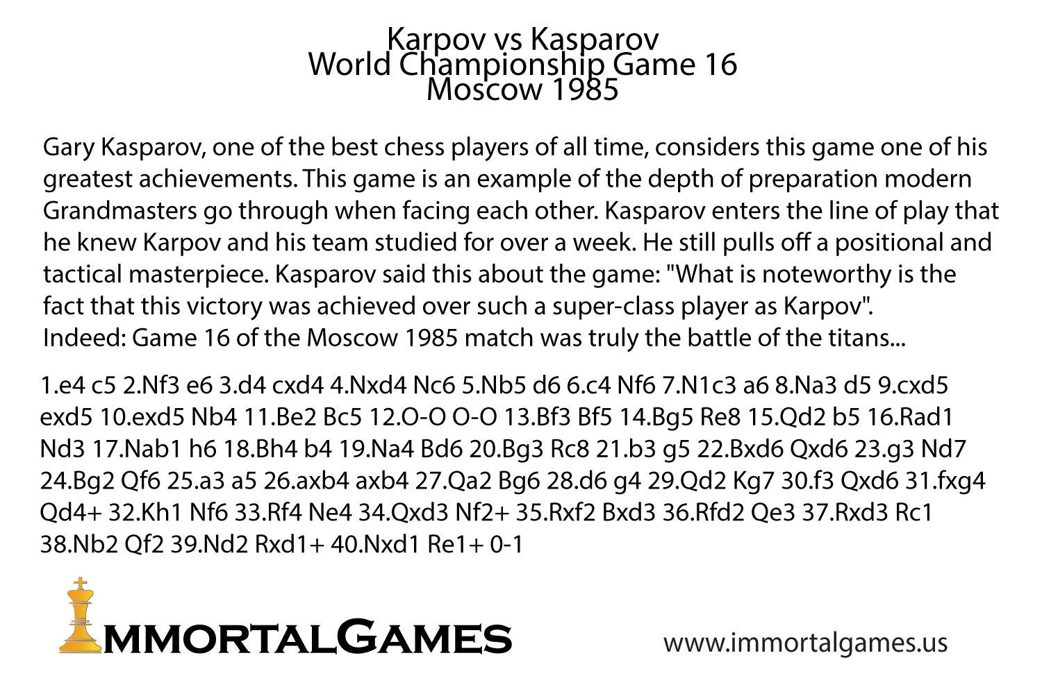 The Kasparov Gambit: Karpov vs Kasparov WC 1985 