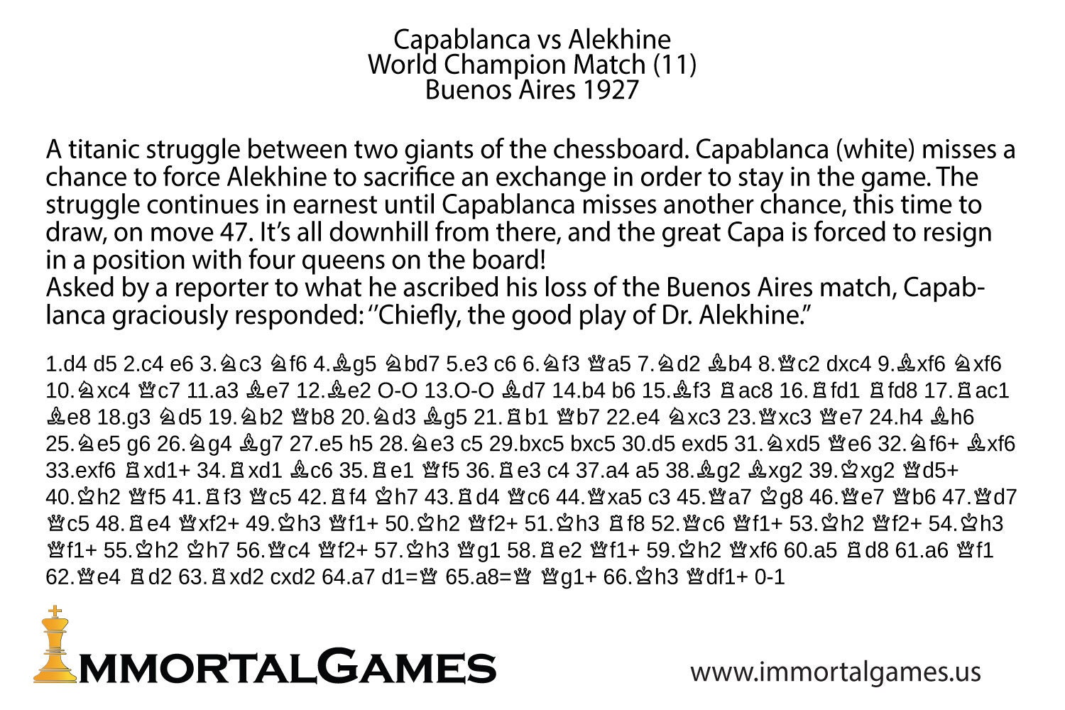 Alekhine vs Capablanca  World Chess Championship 1927 