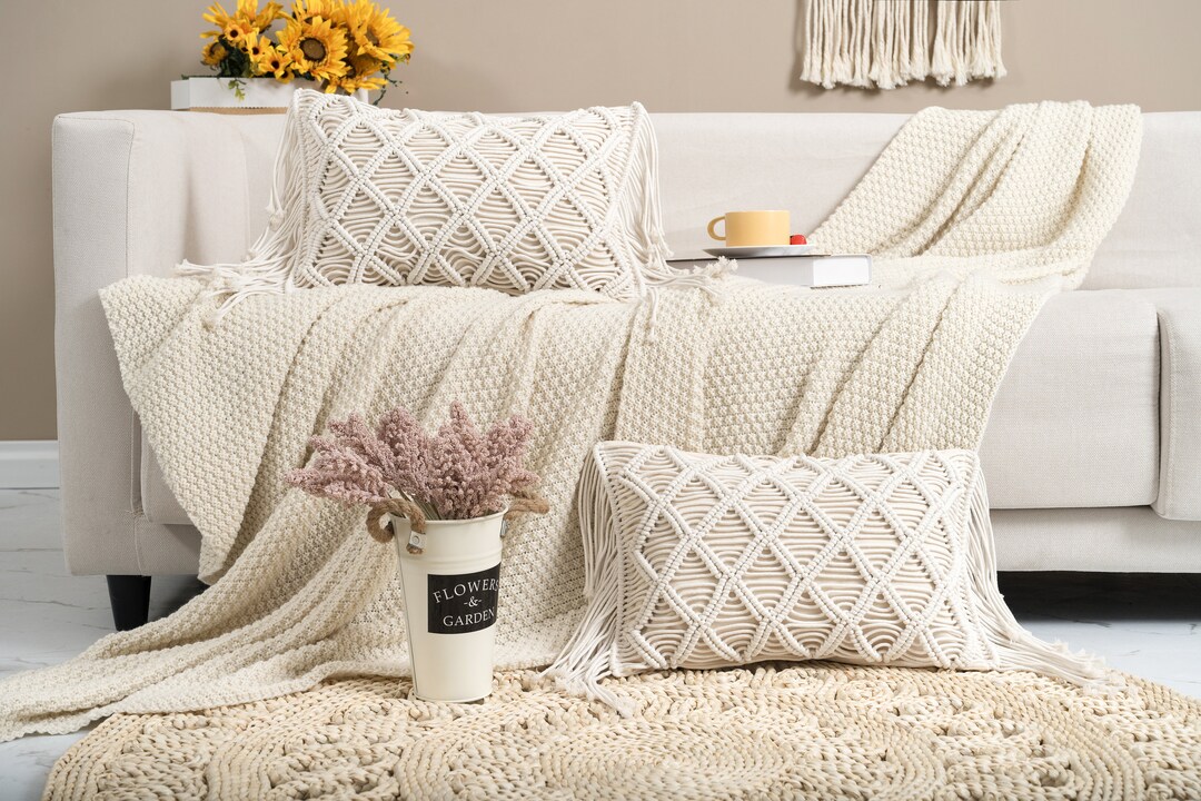 Macramé Lumbar Pillow Cover Set of 2 Boho Cushion Cover Cotton Etsy