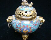 VINTAGE Chinese Cloisonne Hand-Carved Brass Bronze Gilt Enamel Lion Incense Burner Censer RARE