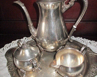 VINTAGE Pewter Teapot Tea & Coffee Set with Tray / 4 Pieces