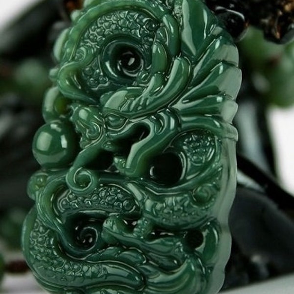 Vintage CERTIFIED Natural Green Chinese HETIAN Nephrite Jade Necklace & Hand-CARVED Dragon Pendant / Unisex