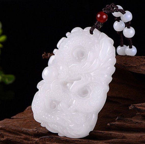 natural hand-carved Chinese white nephrite jade pendant dragon Phoenix necklace