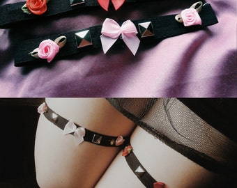 Ligas Kawaii para Piernas: Cinta Elástica Negra con Rosas y Tachuelas