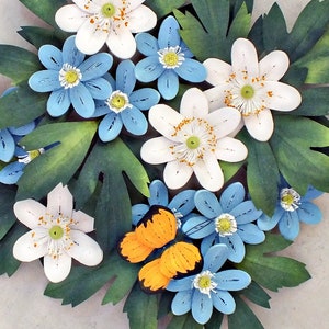 3D Paper Quilling White, Blue Flowers Wall Art Wood Anemone Spring Flowers Woodland Decor Original Art 1st Anniversary Gift image 1