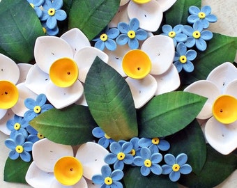 3D Paper Quilling Daffodil, Narcissus, Forget Me Not Flowers Wall Art - Spring Flowers -  Blue Green White Wall Art - Gift for Mum