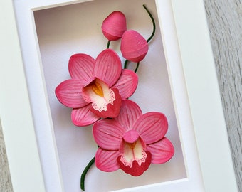 Pink Cymbidium Orchid Mini Wall Decor - Small Framed Botanical Art - Tropical Decor - 3D Paper Art - Orchid Lover Gift - Paper Anniversary