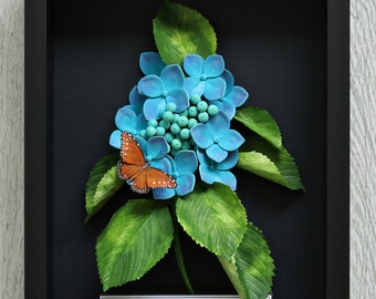 Blue Hydrangea Monarch Butterfly Wall Art - 3D Paper Art - Paper Anniversary Gift - Blue Flowers Decor - Botanical Illustration