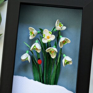 Illustrazione di carta coccinella bucaneve - Piccola arte botanica incorniciata - Fiori di primavera Decor - Galanthus nivalis - Regalo di anniversario di carta