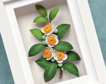 Tea Plant Wall Art - Camellia Sinensis - 3D Paper Quilling - Tea Lover Gift Idea - Kitchen Decor - Green White Yellow Framed Wall Art