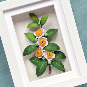 Tea Plant Wall Art - Camellia Sinensis - 3D Paper Quilling - Tea Lover Gift Idea - Kitchen Decor - Green White Yellow Framed Wall Art