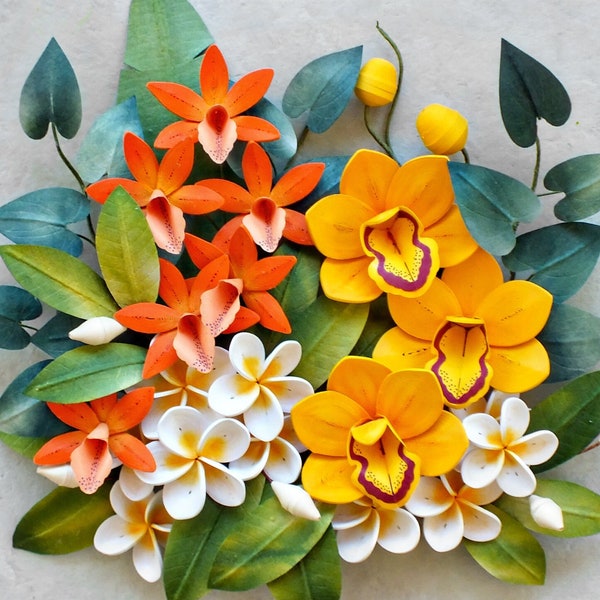 Art mural plumeria orchidée - bouquet tropical de fleurs quilling en papier 3D - décoration tropicale colorée - cadeau de fleurs en papier pour 1er anniversaire de mariage