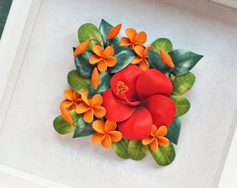 Tropical Flowers Wall Decor - Red Hibiscus - Orange Plumeria - 3D Paper Quilling - Bright Flowers - First Anniversary Paper Gift for Her