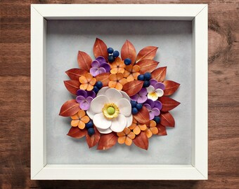 Fall Autumn Floral Bouquet 3D Paper Quilling Colorful Flowers Wall Art Woodland Decor Hellebore Pansy Berries First Anniversary Gift