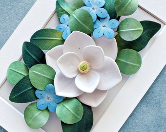 Cancer Birth Flower Gift: Magnolia, Blue Plumbago Wall Art - Flowers for Cancer - June, July Birthday Gift - 3D Paper Quilling