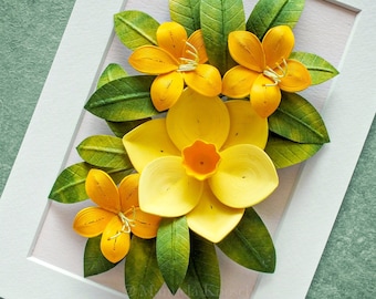 Gemini Birth Flower Gift: Yellow Daffodil, Azalea Wall Art - Flowers for Gemini - May, June Birthday Gift - 3D Paper Quilling Flower