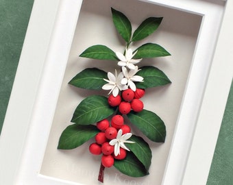 Coffee Plant Wall Art - 3D Paper Quilling - Coffee Lover Gift Idea - Kitchen Decor - Green Red White Framed Wall Decor