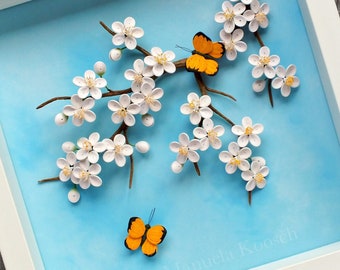 Sakura Wall Art: White Cherry Blossom Branch, Blue Sky, Yellow Butterfly - Mother's Day Gift - 3D Paper Quilling - Spring Flowers Home Decor