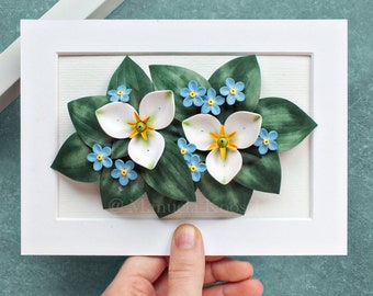 Forget Me Not Trillium Wall Decor - Blue Flowers Art - 3D Paper Quilling - Woodland Flowers - Blue White Green Decor - 1st Anniversary Gift