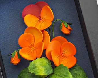 Pansy, Ladybug Wall Art - February Birth Flower - Orange Floral Wall Art - 3D Paper Art - Botanical Art - Gift for Her