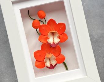 Cymbidium Orchid Wall Decor - Mini Framed Wall Art - 3D Paper Quilling - Orange Orchid - Tropical Flower - Botanical Art - Flower Lover Gift