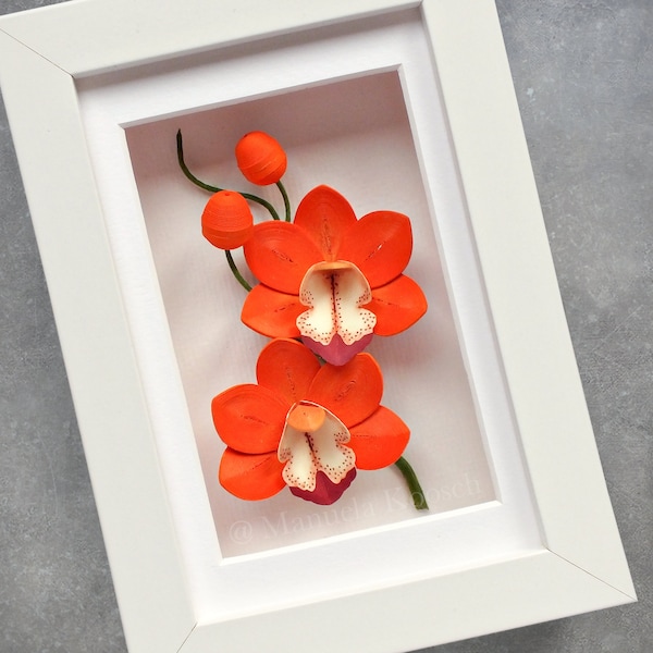 Cymbidium Orchid Wall Decor - Mini Encadré Art Mural - Quilling en Papier 3D - Orange Orchidée - Fleur Tropicale - Art Botanique - Cadeau Amoureux des Fleurs