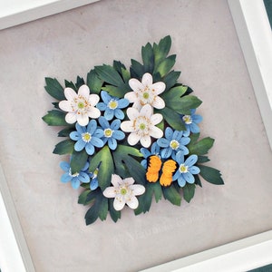 3D Paper Quilling White, Blue Flowers Wall Art Wood Anemone Spring Flowers Woodland Decor Original Art 1st Anniversary Gift image 2